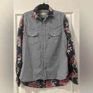 Jaggy Sportswear Linen Floral Striped Pearl Snap Shirt, Medium